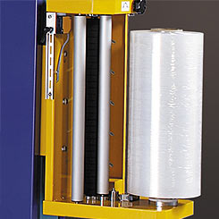 A view of the stretch wrapper showing the film secure bar